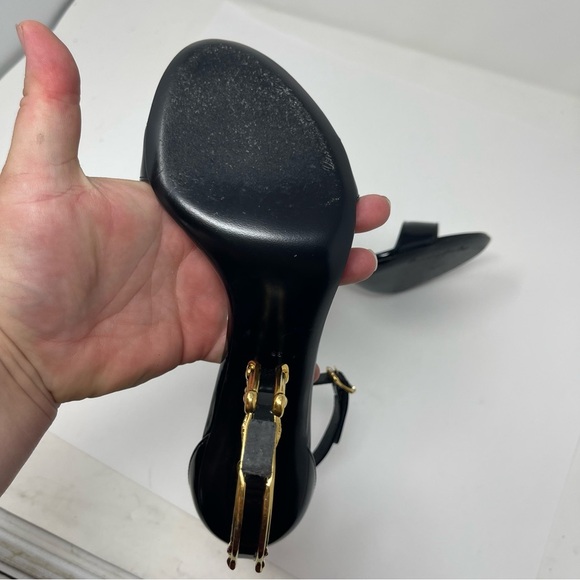 Dolce&Gabbana Black Gold Sculpted-Heel Baroque DG Patent Leather Sandals sz 38 8 - Picture 8 of 13